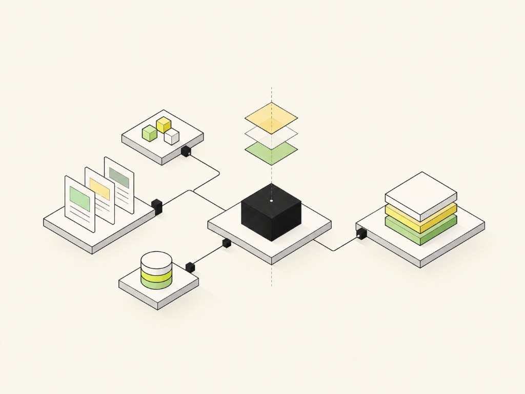Documents, records, and data stacks connected to a central model block